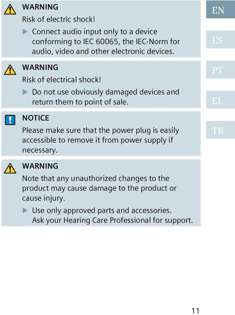 WARNING Risk of electrical shock! Do not use obviously damaged devices and return them to point of sale.
