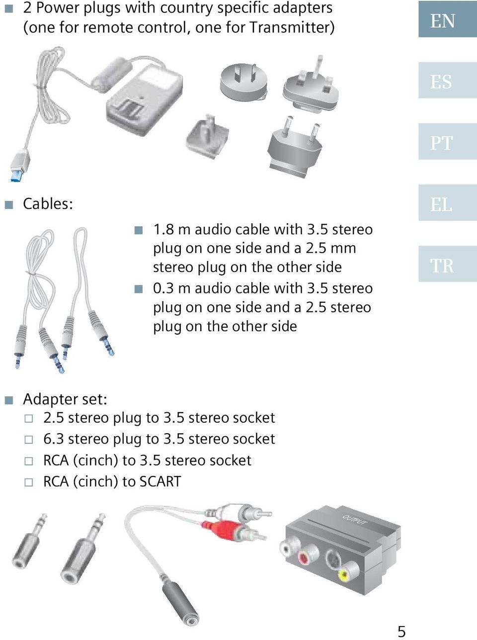 3 m audio cable with 3.5 stereo plug on one side and a 2.5 stereo plug on the other side EL TR Adapter set: 2.