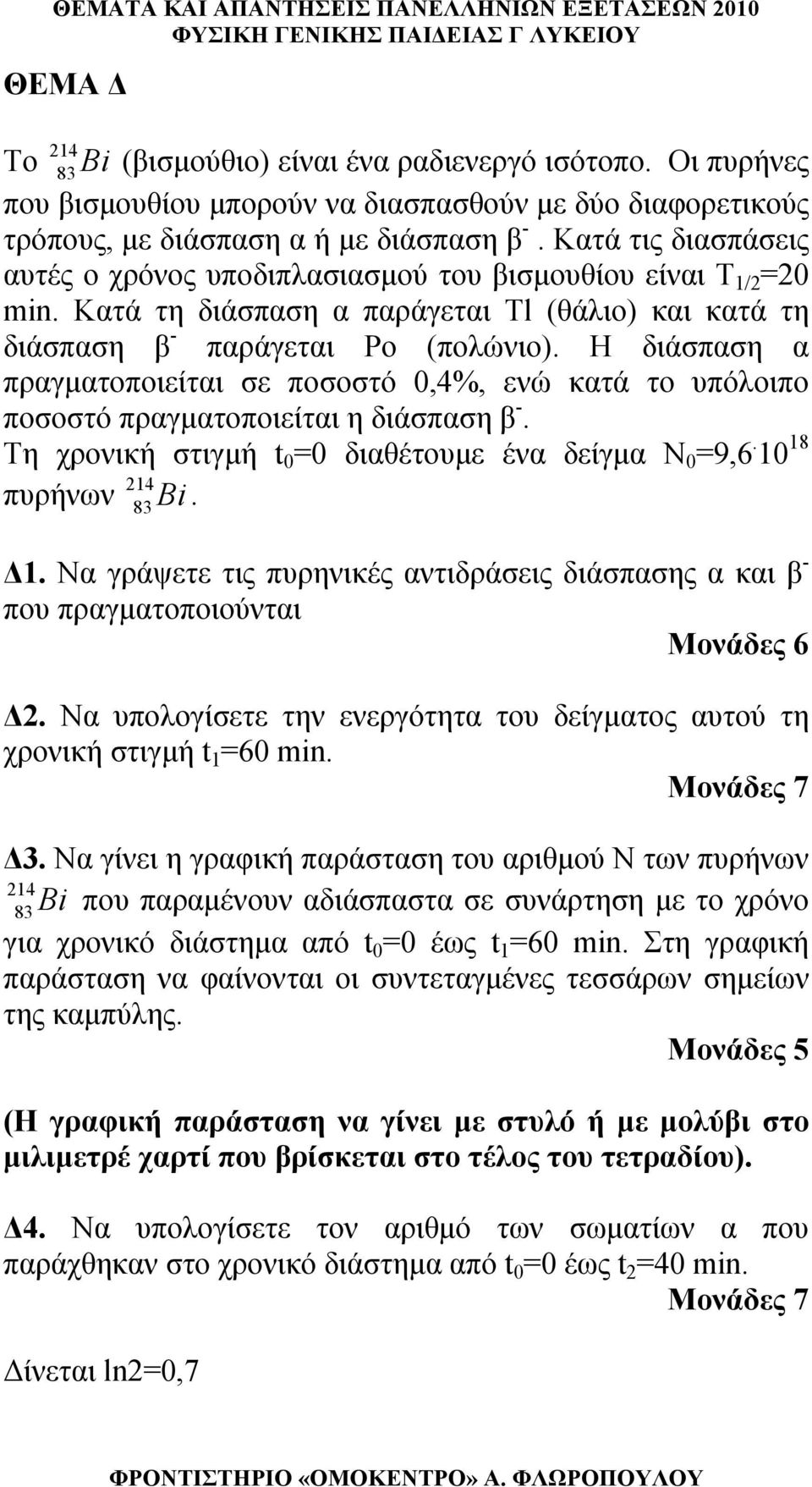 Κατά τη διάσπαση α παράγεται Tl (θάιο) και κατά τη διάσπαση β - παράγεται Po (ποώνιο). Η διάσπαση α πραγματοποιείται σε ποσοστό 0,%, ενώ κατά το υπόοιπο ποσοστό πραγματοποιείται η διάσπαση β -.