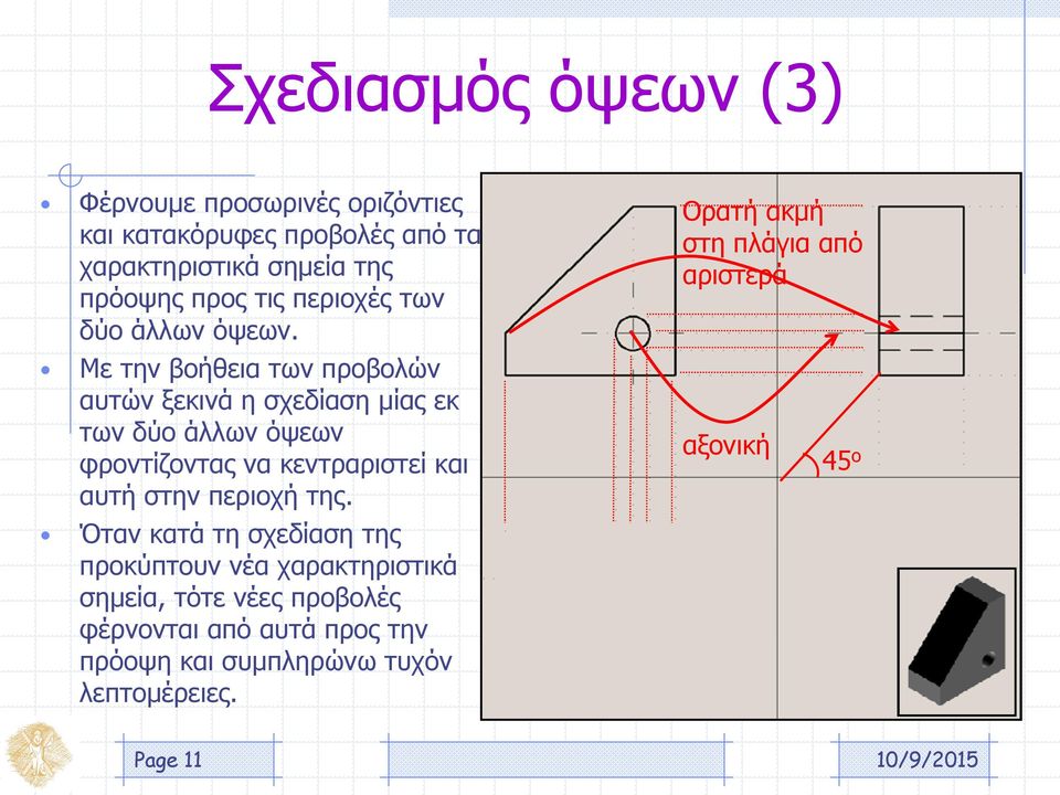 Με την βοήθεια των προβολών αυτών ξεκινά η σχεδίαση μίας εκ των δύο άλλων όψεων φροντίζοντας να κεντραριστεί και αυτή στην