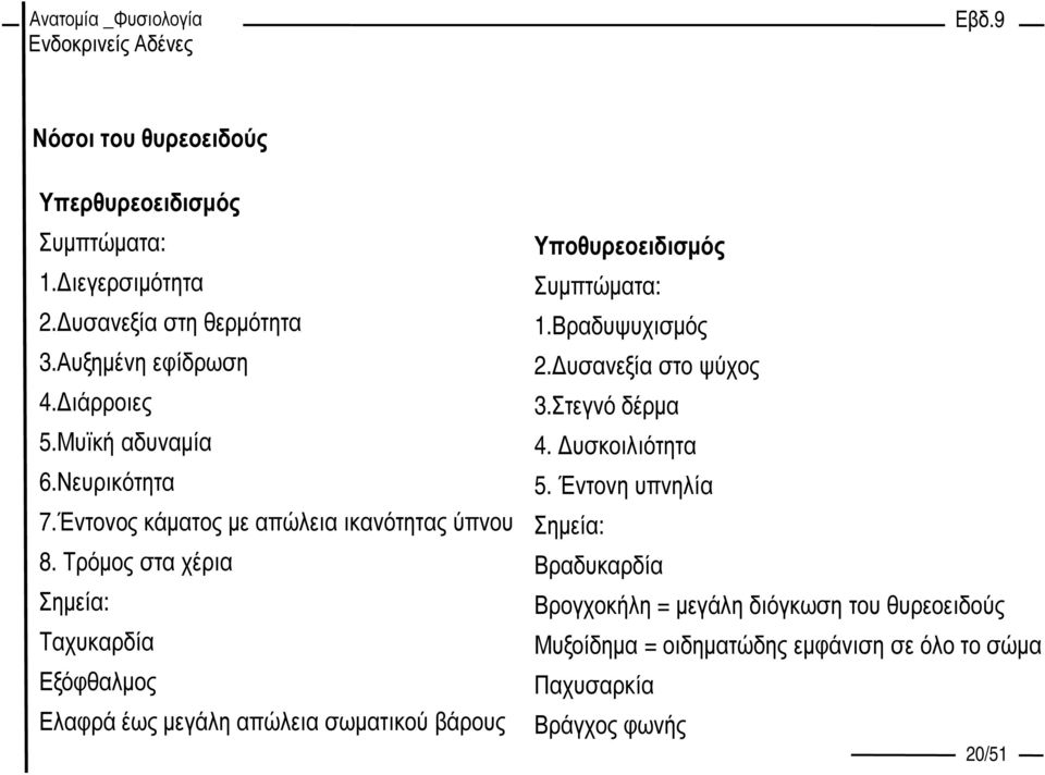 Τρόµος στα χέρια Σηµεία: Ταχυκαρδία Εξόφθαλµος Ελαφρά έως µεγάλη απώλεια σωµατικού βάρους Υποθυρεοειδισµός Συµπτώµατα: 1.Βραδυψυχισµός 2.