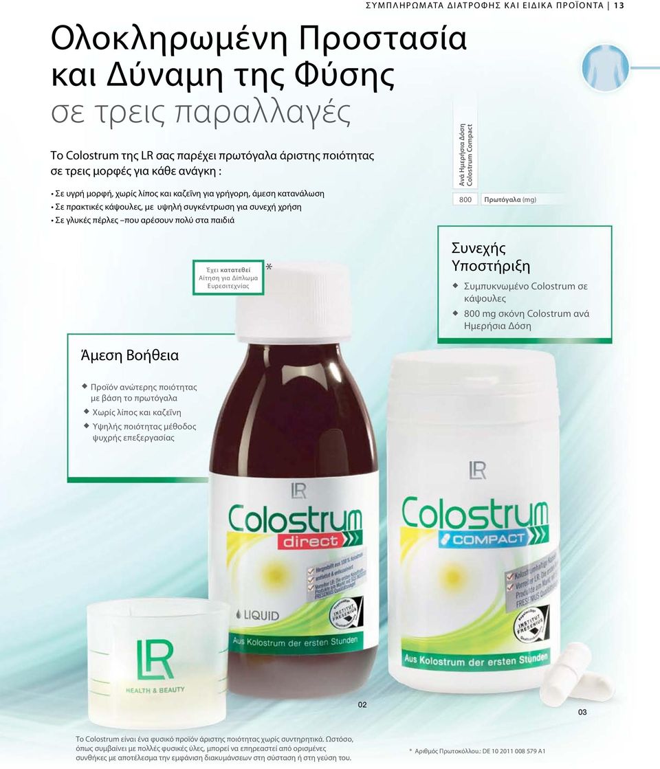 Colostrum Compact 800 Πρωτόγαλα (mg) 13 Έχει κατατεθεί Αίτηση για Δίπλωμα Ευρεσιτεχνίας * Συνεχής Yποστήριξη Συμπυκνωμένο Colostrum σε κάψουλες 800 mg σκόνη Colostrum ανά Ημερήσια Δόση Άμεση Βοήθεια