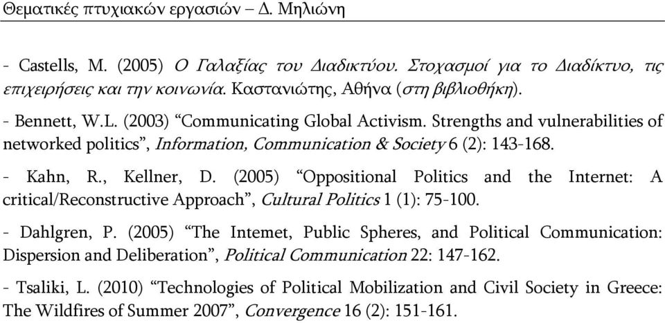 (2005) Oppositional Politics and the Internet: A critical/reconstructive Approach, Cultural Politics 1 (1): 75-100. - Dahlgren, P.