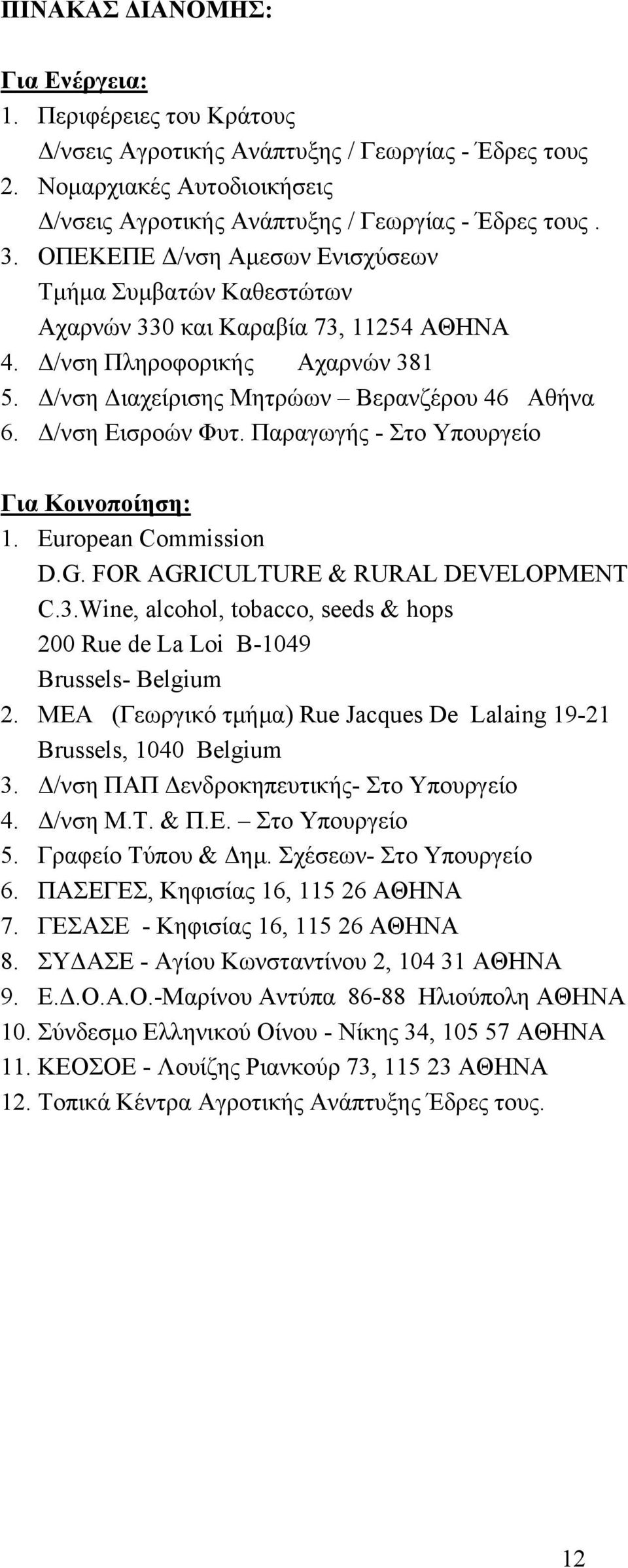 Δ/νση Εισροών Φυτ. Παραγωγής - Στο Υπουργείο Για Κοινοπoίηση: 1. European Commission D.G. FOR AGRICULTURE & RURAL DEVELOPMENT C.3.