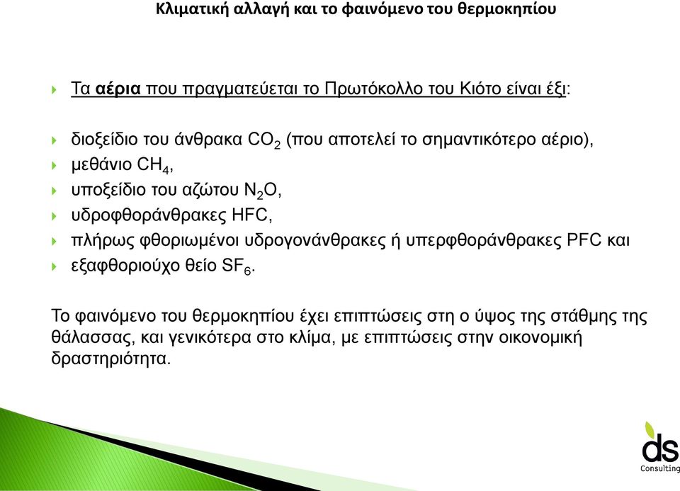 υδροφθοράνθρακες HFC, πλήρως φθοριωμένοι υδρογονάνθρακες ή υπερφθοράνθρακες PFC και εξαφθοριούχο θείο SF 6.