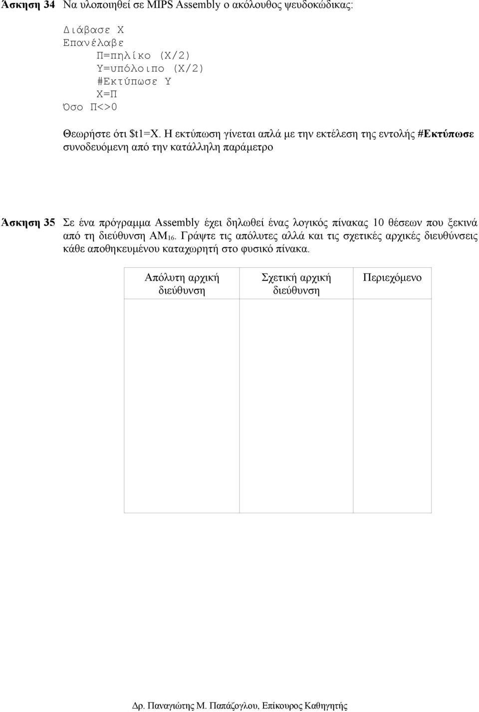 Η εκτύπωση γίνεται απλά με την εκτέλεση της εντολής #Εκτύπωσε συνοδευόμενη από την κατάλληλη παράμετρο Άσκηση 35 Σε ένα πρόγραμμα Assembly