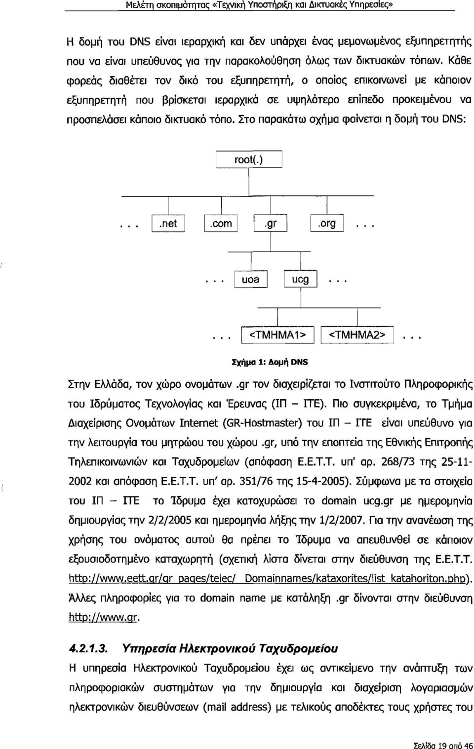 Στ παρακάτω σχήμα φαίνεται η δμή τυ DNS: root(.).net.com gr org uoa ucg <TMHMA1> <TMHMA2> Σχήμα 1: Δμή DNS Στην Ελλάδα, τν χώρ νμάτων.