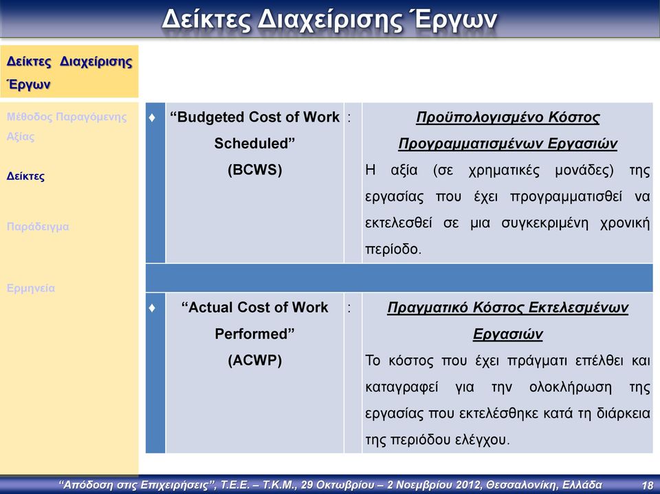 Ερμηνεία Actual Cost of Work : Πραγματικό Κόστος Εκτελεσμένων Performed Εργασιών (ACWP) Το κόστος που έχει πράγματι επέλθει και καταγραφεί για την