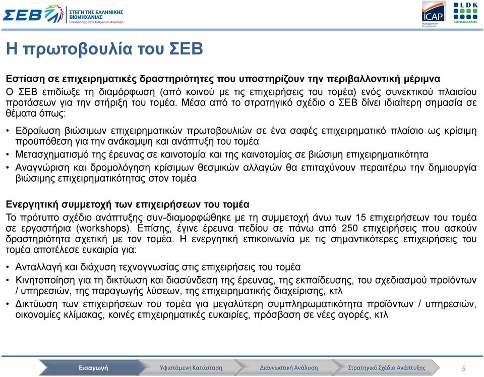 Μέσα από το στρατηγικό σχέδιο ο ΣΕΒ δίνει ιδιαίτερη σημασία σε θέματα όπως: Εδραίωση βιώσιμων επιχειρηματικών πρωτοβουλιών σε ένα σαφές επιχειρηματικό πλαίσιο ως κρίσιμη προϋπόθεση για την ανάκαμψη