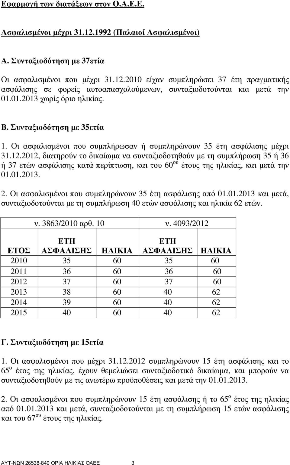 2012, διατηρούν το δικαίωµα να συνταξιοδοτηθούν µε τη συµπλήρωση 35 ή 36 ή 37 ετών ασφάλισης κατά περίπτωση, και του 60 ου έτους της ηλικίας, και µετά την 01.01.2013. 2.