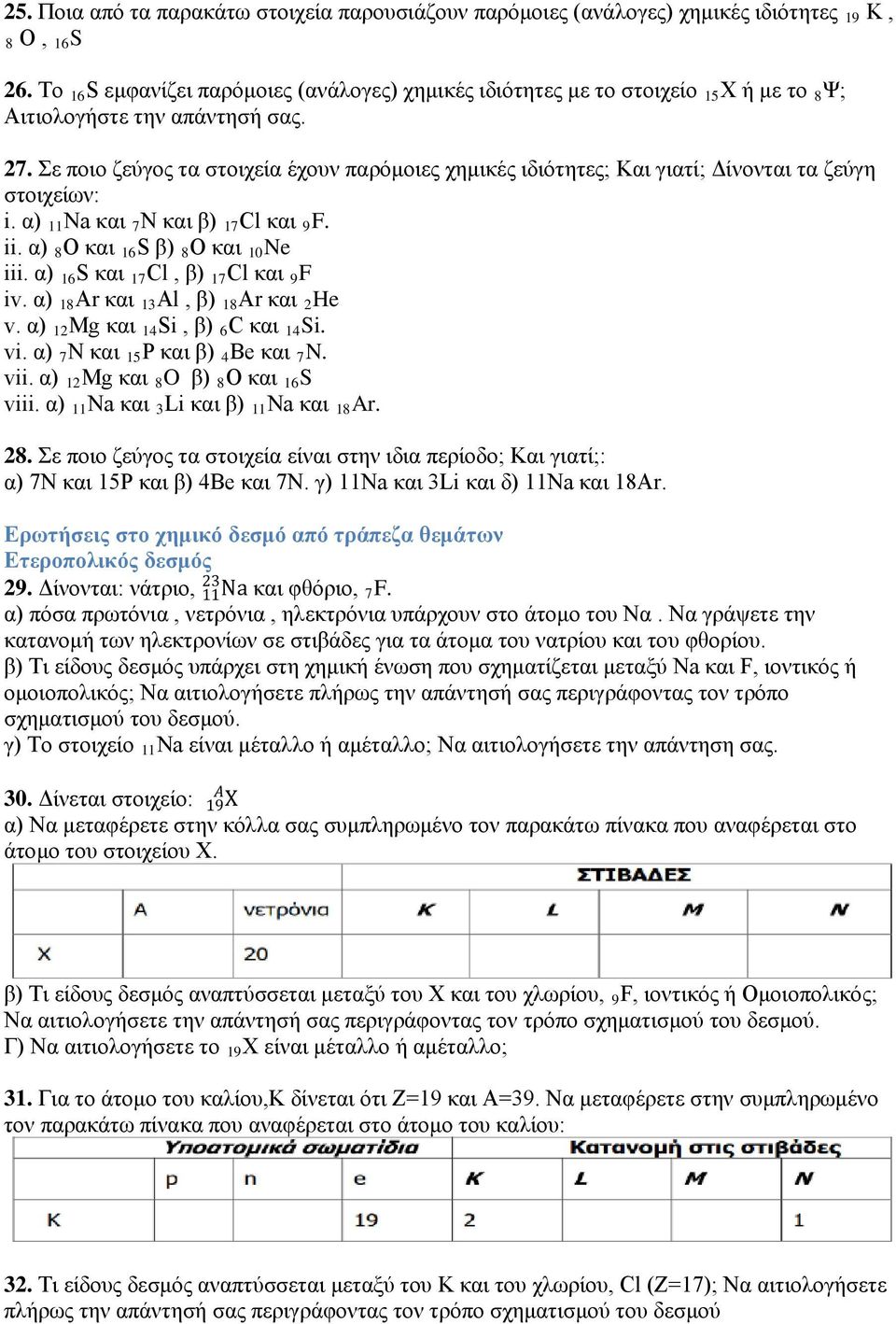 Σε ποιο ζεύγος τα στοιχεία έχουν παρόμοιες χημικές ιδιότητες; Και γιατί; Δίνονται τα ζεύγη στοιχείων: i. α) 11 Na και 7 Ν και β) 17 Cl και 9 F. ii. α) 8 O και 16 S β) 8 O και 10 Ne iii.