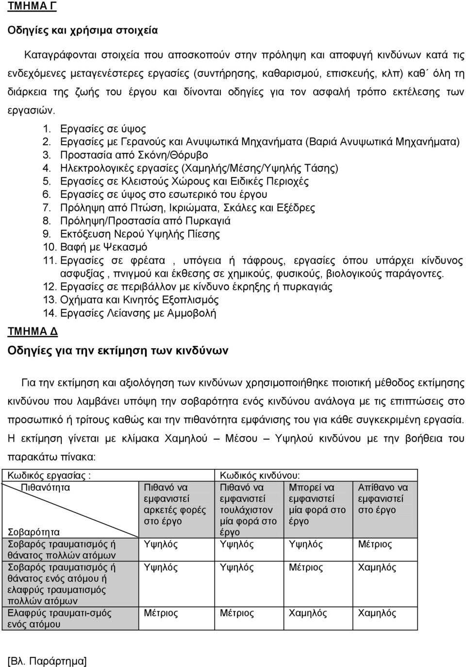 Εργασίες με Γερανούς και Ανυψωτικά Μηχανήματα (Βαριά Ανυψωτικά Μηχανήματα) 3. Προστασία από Σκόνη/Θόρυβο 4. Ηλεκτρολογικές εργασίες (Χαμηλής/Μέσης/Υψηλής Τάσης) 5.