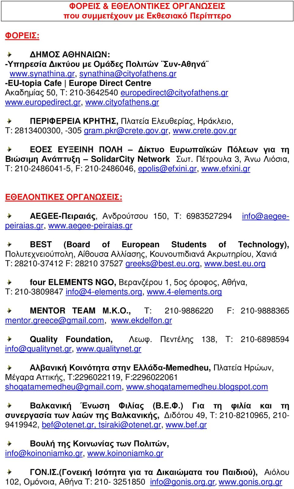 pkr@crete.gov.gr, www.crete.gov.gr ΕΟΕΣ ΕΥΞΕΙΝΗ ΠΟΛΗ ίκτυο Ευρωπαϊκών Πόλεων για τη Βιώσιµη Ανάπτυξη SolidarCity Network Σωτ. Πέτρουλα 3, Άνω Λιόσια, T: 210-2486041-5, F: 210-2486046, epolis@efxini.