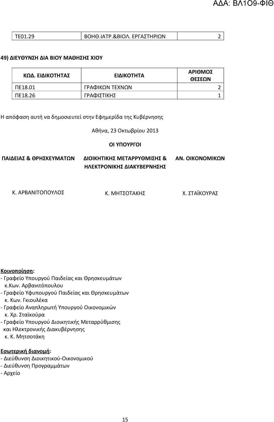 ΔΙΑΚΥΒΕΡΝΗΣΗΣ ΑΝ. ΟΙΚΟΝΟΜΙΚΩΝ Κ. ΑΡΒΑΝΙΤΟΠΟΥΛΟΣ Κ. ΜΗΤΣΟΤΑΚΗΣ Χ. ΣΤΑΪΚΟΥΡΑΣ Κοινοποίηση: - Γραφείο Υπουργού Παιδείας και Θρησκευμάτων κ.κων.