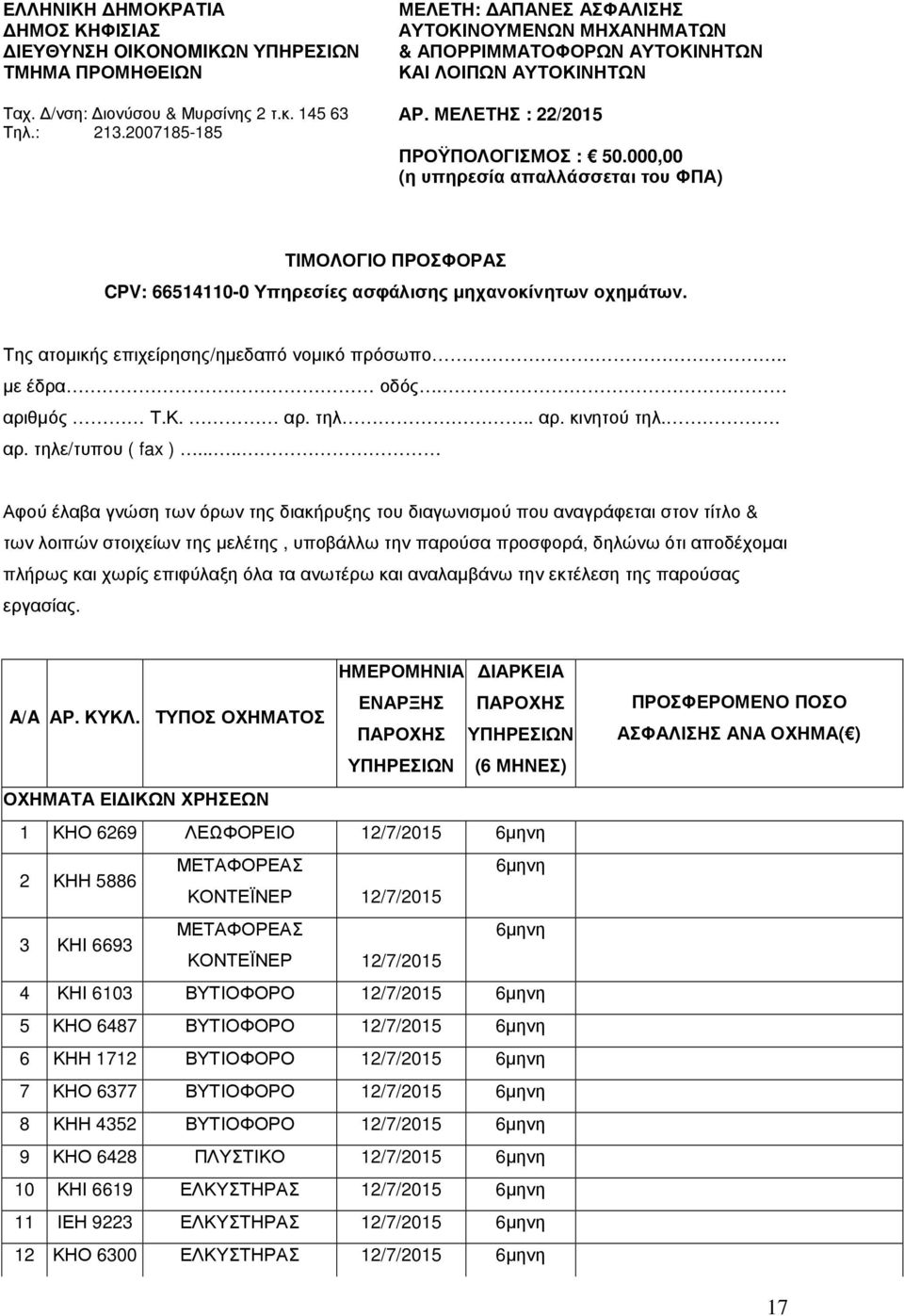 000,00 (η υπηρεσία απαλλάσσεται του ΦΠΑ) ΤΙΜΟΛΟΓΙΟ ΠΡΟΣΦΟΡΑΣ CPV: 66514110-0 Υπηρεσίες ασφάλισης µηχανοκίνητων οχηµάτων. Της ατοµικής επιχείρησης/ηµεδαπό νοµικό πρόσωπο.. µε έδρα οδός. αριθµός Τ.Κ.