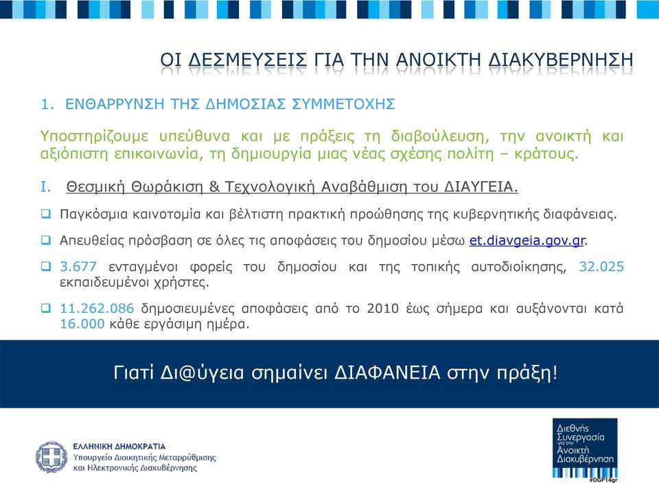 κράτους. I. Θεσμική Θωράκιση & Τεχνολογική Αναβάθμιση του ΔΙΑΥΓΕΙΑ. Παγκόσμια καινοτομία και βέλτιστη πρακτική προώθησης της κυβερνητικής διαφάνειας.