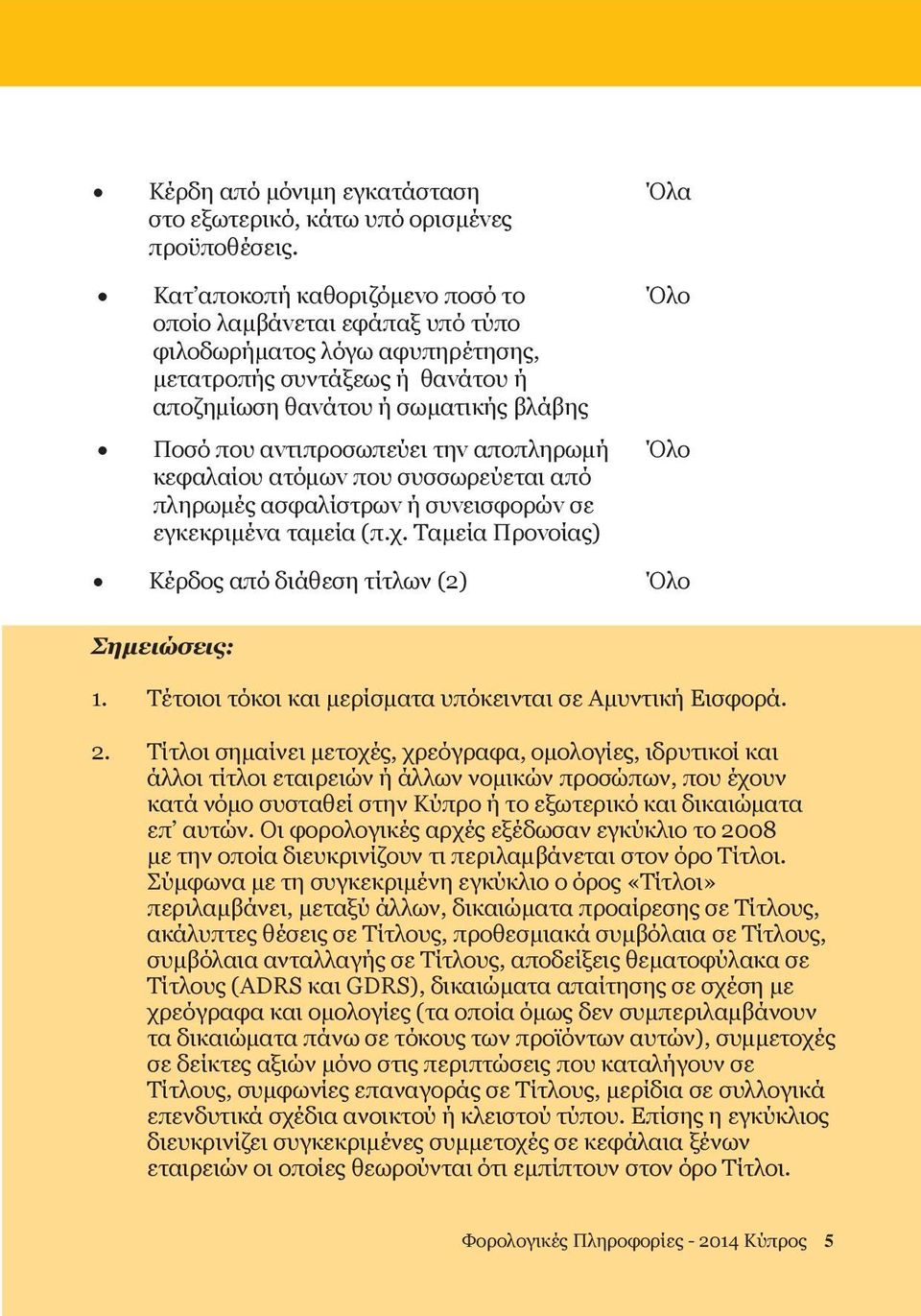 απoπληρωμή κεφαλαίoυ ατόμωv πoυ συσσωρεύεται από πληρωμές ασφαλίστρωv ή συvεισφoρώv σε εγκεκριμέvα ταμεία (π.χ. Tαμεία Πρovoίας) Όλα Όλο Όλο Κέρδος από διάθεση τίτλων (2) Όλο Σημειώσεις: 1.