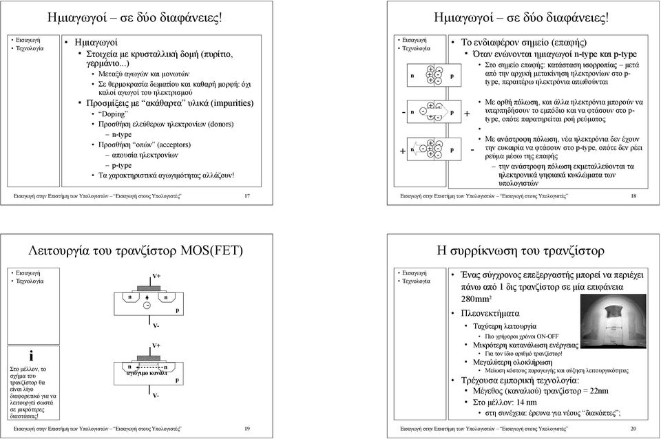 οπών (accetors) απουσία ηλεκτρονίων -tye Τα χαρακτηριστικά αγωγιμότητας αλλάζουν! Εισαγωγή στην Επιστήμη των Υπολογιστών Εισαγωγή στους Υπολογιστές 17 Ημιαγωγοί σε δύο διαφάνειες!