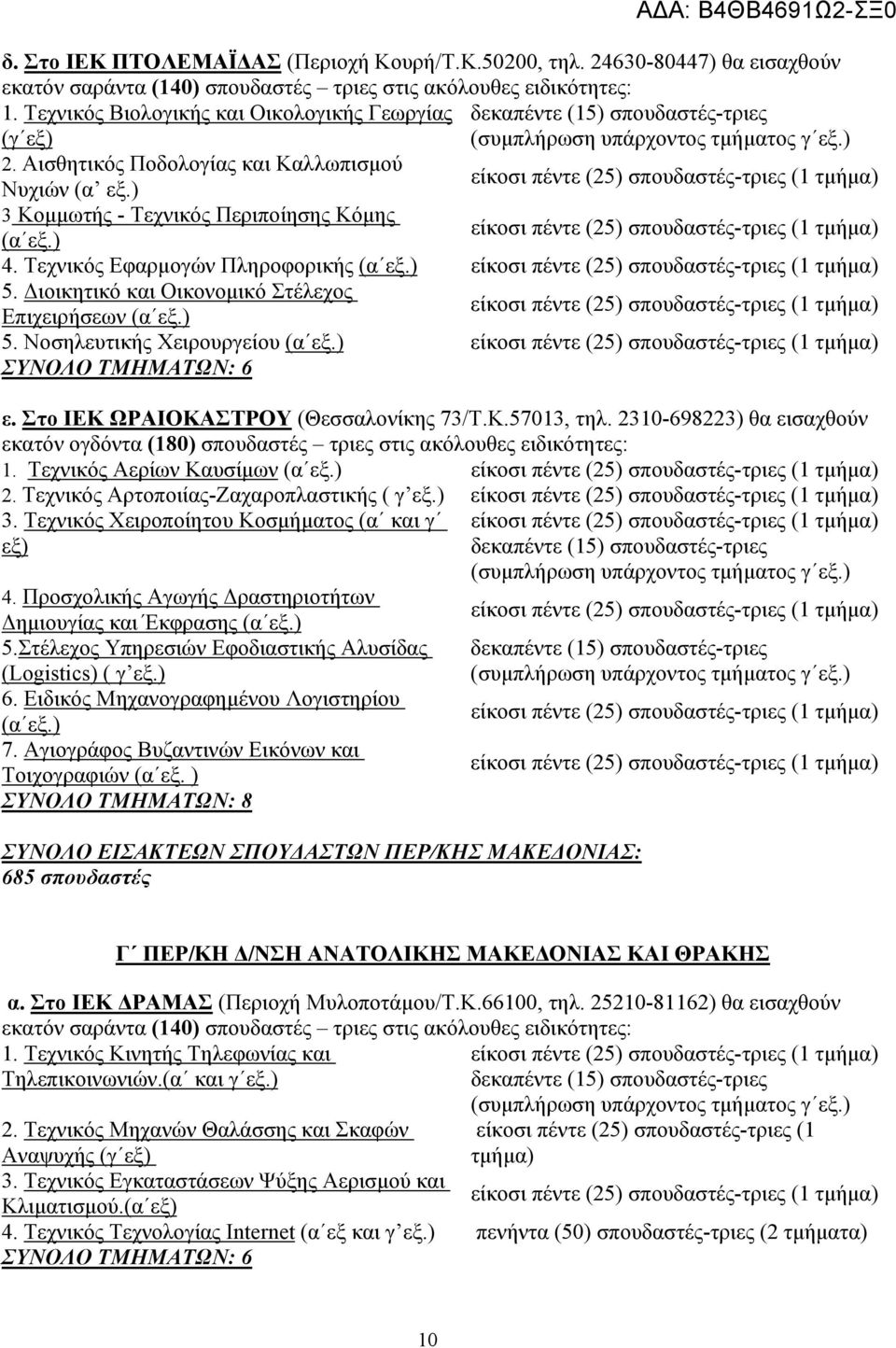 Τεχνικός Εφαρμογών Πληροφορικής (α εξ.) 5. Διοικητικό και Οικονομικό Στέλεχος Επιχειρήσεων (α εξ.) 5. Νοσηλευτικής Χειρουργείου (α εξ.) ε. Στο ΙΕΚ ΩΡΑΙΟΚΑΣΤΡΟΥ (Θεσσαλονίκης 73/Τ.Κ.57013, τηλ.