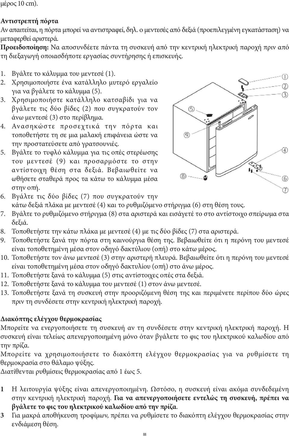 Χρησιμοποιήστε ένα κατάλληλο μυτερό εργαλείο για να βγάλετε το κάλυμμα (5). 3. Χρησιμοποιήστε κατάλληλο κατσαβίδι για να βγάλετε τις δύο βίδες (2) που συγκρατούν τον άνω μεντεσέ (3) στο περίβλημα. 4.