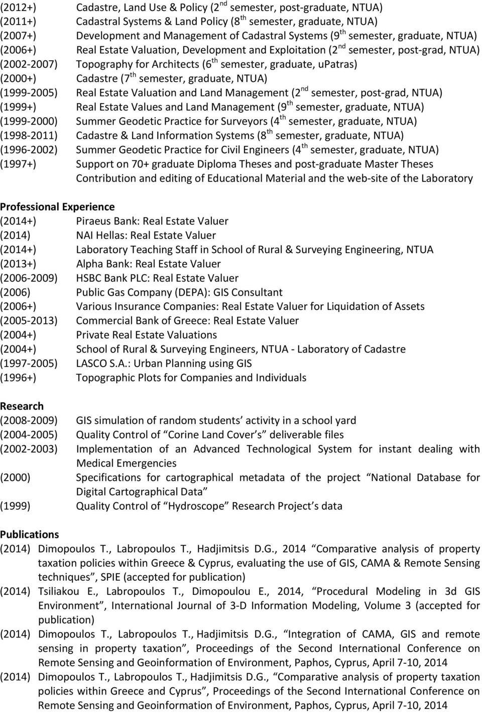 upatras) (2000+) Cadastre (7 th semester, graduate, NTUA) (1999 2005) Real Estate Valuation and Land Management (2 nd semester, post grad, NTUA) (1999+) Real Estate Values and Land Management (9 th