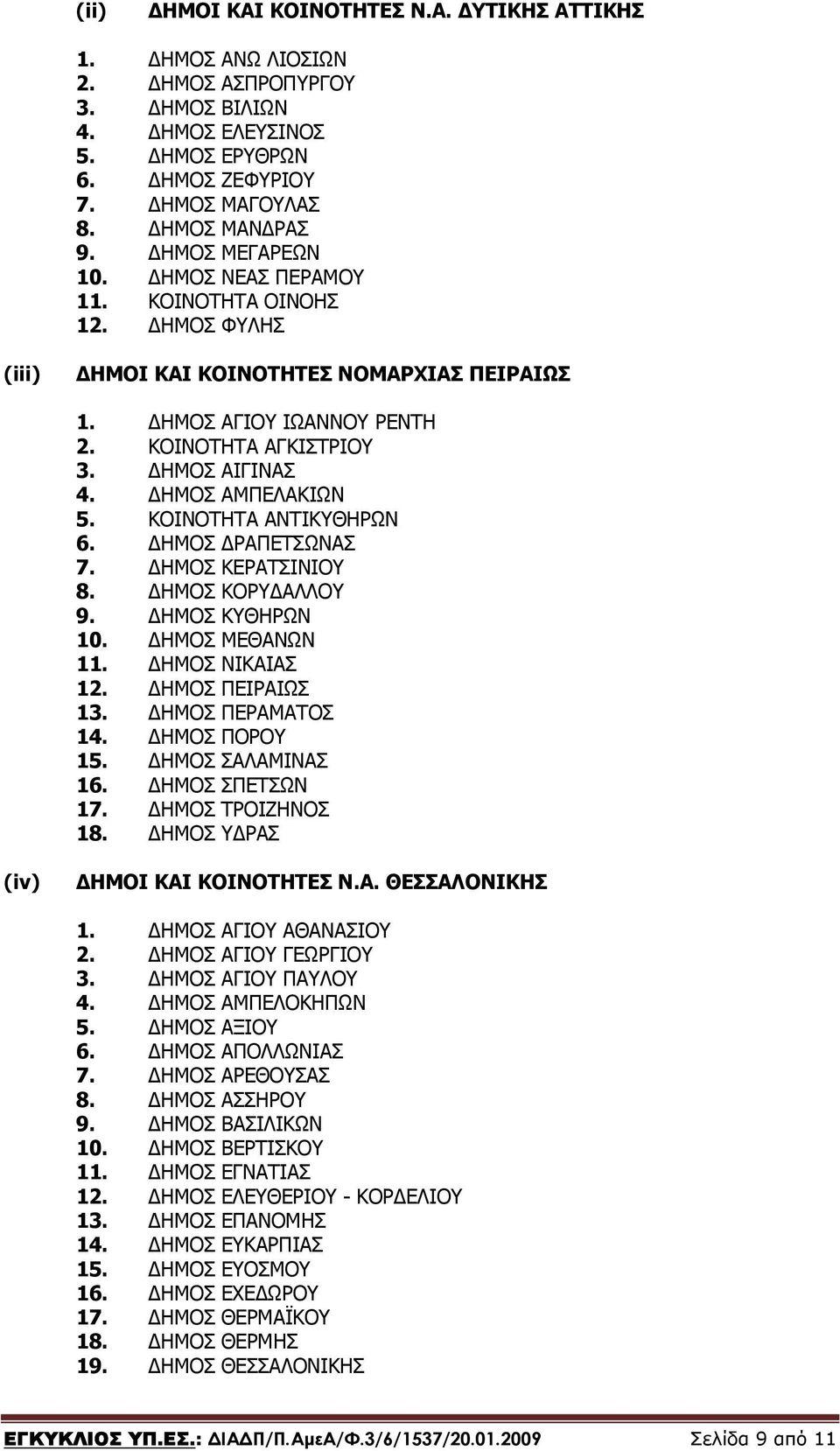 ΗΜΟΣ ΑΜΠΕΛΑΚΙΩΝ 5. ΚΟΙΝΟΤΗΤΑ ΑΝΤΙΚΥΘΗΡΩΝ 6. ΗΜΟΣ ΡΑΠΕΤΣΩΝΑΣ 7. ΗΜΟΣ ΚΕΡΑΤΣΙΝΙΟΥ 8. ΗΜΟΣ ΚΟΡΥ ΑΛΛΟΥ 9. ΗΜΟΣ ΚΥΘΗΡΩΝ 10. ΗΜΟΣ ΜΕΘΑΝΩΝ 11. ΗΜΟΣ ΝΙΚΑΙΑΣ 12. ΗΜΟΣ ΠΕΙΡΑΙΩΣ 13. ΗΜΟΣ ΠΕΡΑΜΑΤΟΣ 14.