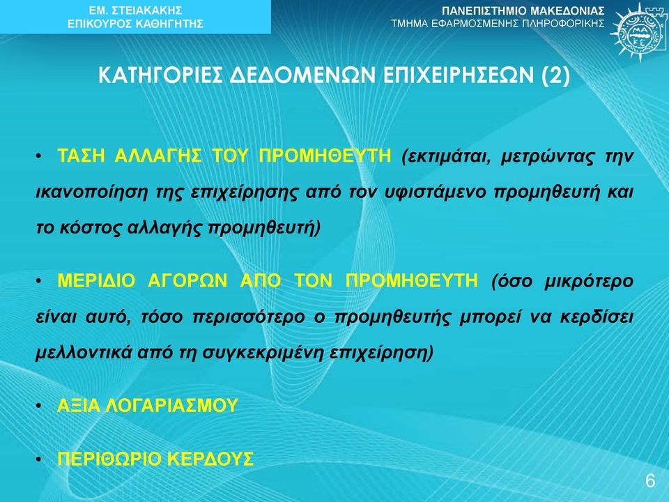 ΜΕΡΙΔΙΟ ΑΓΟΡΩΝ ΑΠΟ ΤΟΝ ΠΡΟΜΗΘΕΥΤΗ (όσο μικρότερο είναι αυτό, τόσο περισσότερο ο προμηθευτής