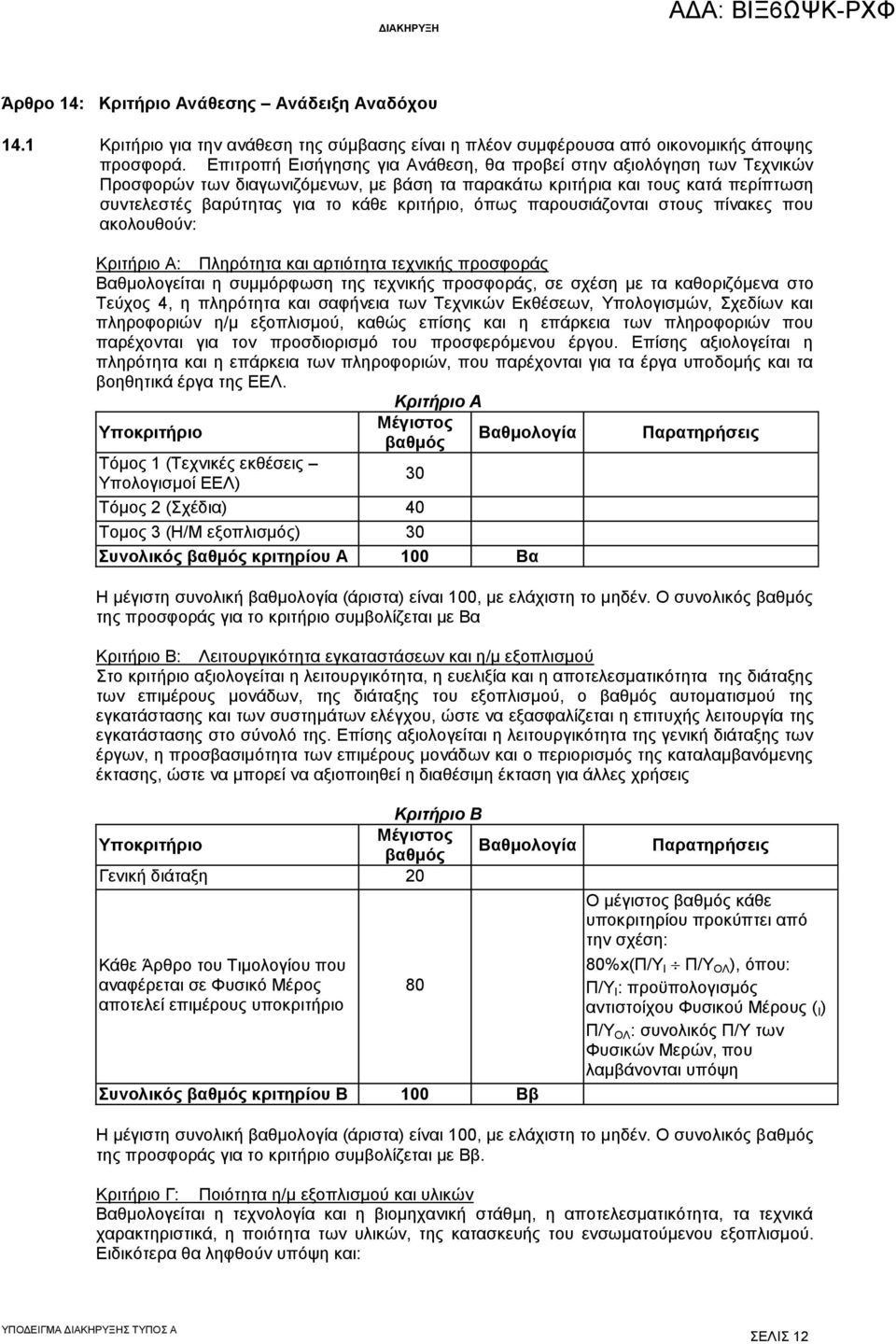 όπως παρουσιάζονται στους πίνακες που ακολουθούν: Κριτήριο Α: Πληρότητα και αρτιότητα τεχνικής προσφοράς Βαθμολογείται η συμμόρφωση της τεχνικής προσφοράς, σε σχέση με τα καθοριζόμενα στο Τεύχος 4, η