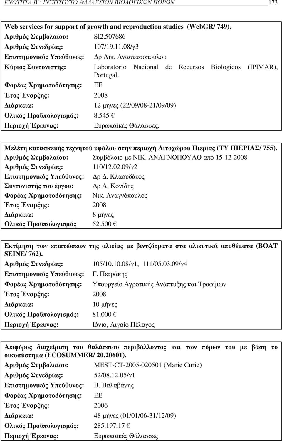 Φορέας Χρηµατοδότησης: ΕΕ Έτος Έναρξης: 2008 ιάρκεια: 12 µήνες (22/09/08-21/09/09) Ολικός Προϋπολογισµός: 8.545 Περιοχή Έρευνας: Ευρωπαϊκές Θάλασσες.