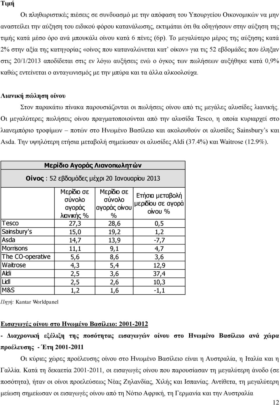 Το μεγαλύτερο μέρος της αύξησης κατά 2% στην αξία της κατηγορίας «οίνος που καταναλώνεται κατ οίκον» για τις 52 εβδομάδες που έληξαν στις 20/1/2013 αποδίδεται στις εν λόγω αυξήσεις ενώ ο όγκος των