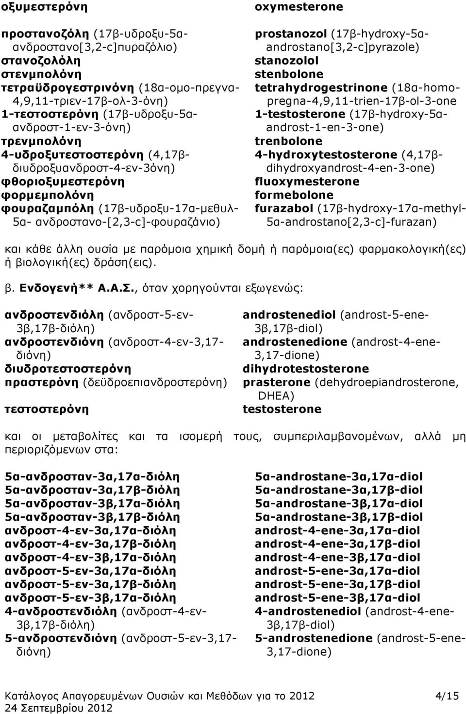 ανδροστανο-[2,3-c]-φουραζάνιο) oxymesterone prostanozol (17β-hydroxy-5αandrostano[3,2-c]pyrazole) stanozolol stenbolone tetrahydrogestrinone (18α-homopregna-4,9,11-trien-17β-ol-3-one 1-testosterone