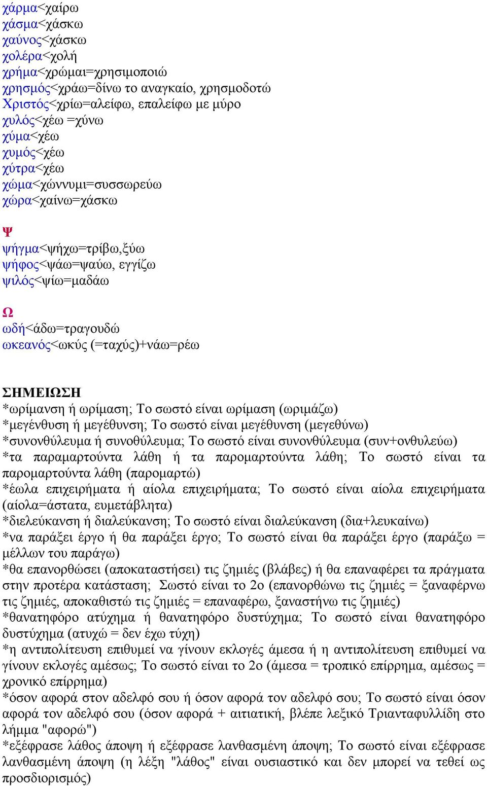 ωρίμαση (ωριμάζω) *μεγένθυση ή μεγέθυνση; Το σωστό είναι μεγέθυνση (μεγεθύνω) *συνονθύλευμα ή συνοθύλευμα; Το σωστό είναι συνονθύλευμα (συν+ονθυλεύω) *τα παραμαρτούντα λάθη ή τα παρομαρτούντα λάθη;