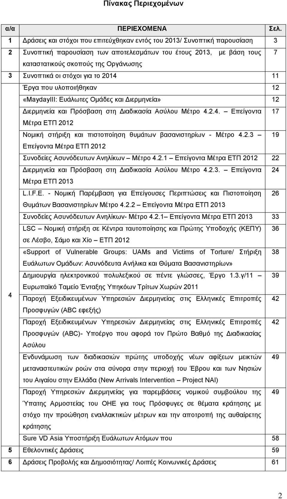 στόχοι για το 2014 11 Έργα που υλοποιήθηκαν 12 «MaydayΙII: Ευάλωτες Ομάδες και Διερμηνεία» 12 Διερμηνεία και Πρόσβαση στη Διαδικασία Ασύλου Μέτρο 4.2.4. Επείγοντα 17 Μέτρα ΕΤΠ 2012 Νομική στήριξη και πιστοποίηση θυμάτων βασανιστηρίων - Μέτρο 4.