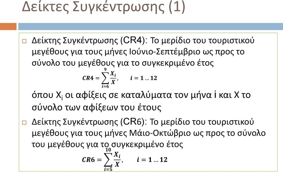 καταλύματα τον μήνα i και Χ το σύνολο των αφίξεων του έτους Δείκτης Συγκέντρωσης (CR6): Το μερίδιο του