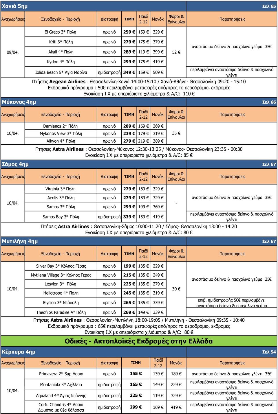 Χανιά-Αθήνα- Θεσσαλονίκη 09:20-15:10 Σελ 66 Φόροι & Damianos 2* Πόλη πρωινό 209 169 269 Mykonos View 3* Πόλη πρωινό 239 179 319 35 Σάμος 4ημ Alkyon 4* Πόλη πρωινό 279 219 389 Πτήσεις Astra Airlines :