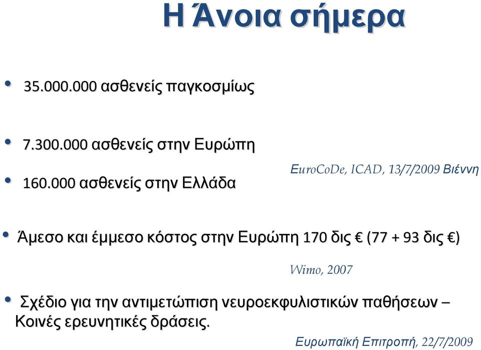 κόστος στην Ευρώπη 170 δις (77 + 93 δις ) Wimo, 2007 Σχέδιο για την αντιμετώπιση