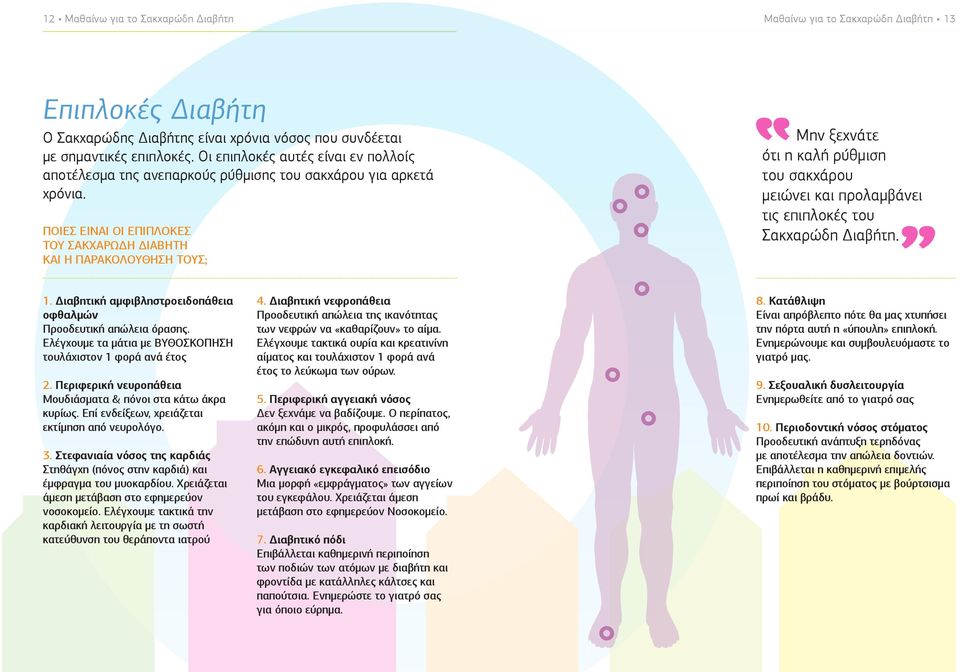 ΠΟΙΕΣ ΕΙΝΑΙ ΟΙ ΕΠΙΠΛΟΚΕΣ ΤΟΥ ΣΑΚΧΑΡΩΔΗ ΔΙΑΒΗΤΗ ΚΑΙ η ΠΑΡΑΚΟΛΟΥΘΗΣΗ ΤΟΥΣ; Μην ξεχνάτε ότι η καλή ρύθμιση του σακχάρου μειώνει και προλαμβάνει τις επιπλοκές του Σακχαρώδη Διαβήτη. 1.