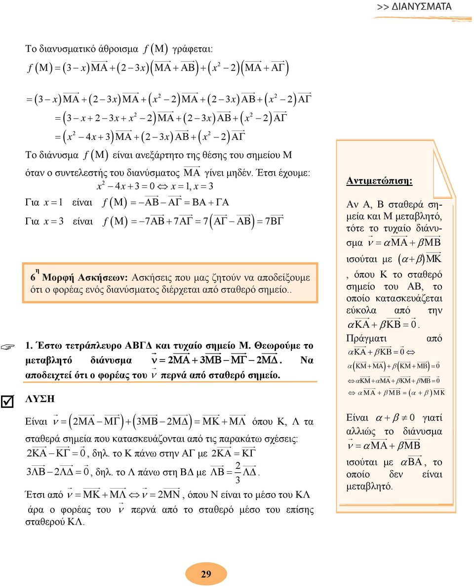 Έτσι έχουμε: x 4x+ = 0 x= 1, x= Για x = 1 είναι f ( Μ ) = ΑΒ ΑΓ=ΒΑ+ΓΑ Για είναι = 7ΑΒ + 7ΑΓ = 7 ΑΓ ΑΒ = 7ΒΓ Το διάνυσμα x = f Μ 6 η Μορφή Ασκήσεων: Ασκήσεις που μας ζητούν να αποδείξουμε ότι ο φορέας