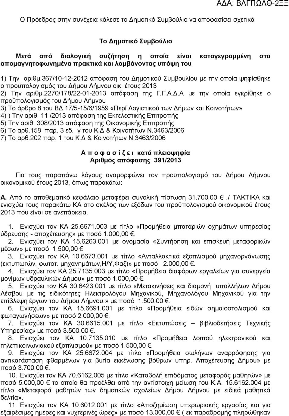 2270/178/22-01-2013 απόφαση της Γ.Γ.Α.Δ.Α με την οποία εγκρίθηκε ο προϋπολογισμός του Δήμου Λήμνου 3) Το άρθρο 8 του ΒΔ 17/5-15/6/1959 «Περί Λογιστικού των Δήμων και Κοινοτήτων» 4) ) Την αριθ.