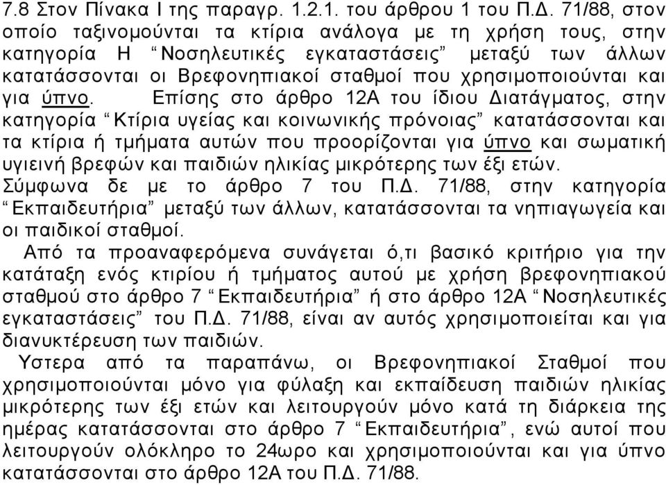 ύπνο. Επίσης στο άρθρο 12Α του ίδιου Διατάγματος, στην κατηγορία Κτίρια υγείας και κοινωνικής πρόνοιας κατατάσσονται και τα κτίρια ή τμήματα αυτών που προορίζονται για ύπνο και σωματική υγιεινή