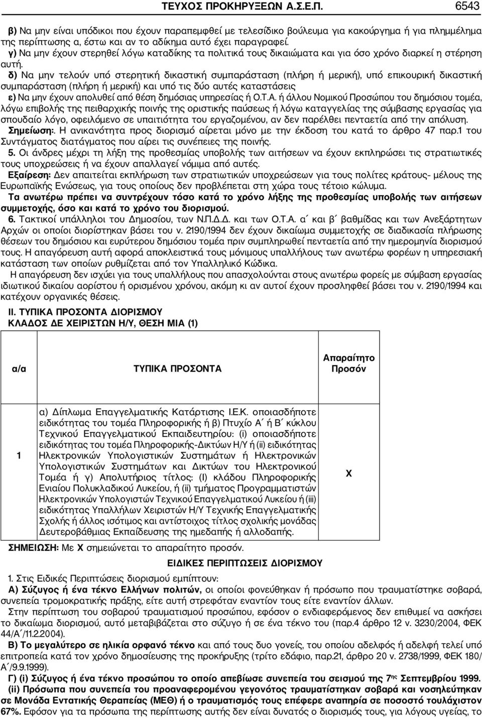 δ) Να μην τελούν υπό στερητική δικαστική συμπαράσταση (πλήρη ή μερική), υπό επικουρική δικαστική συμπαράσταση (πλήρη ή μερική) και υπό τις δύο αυτές καταστάσεις ε) Να μην έχουν απολυθεί από θέση