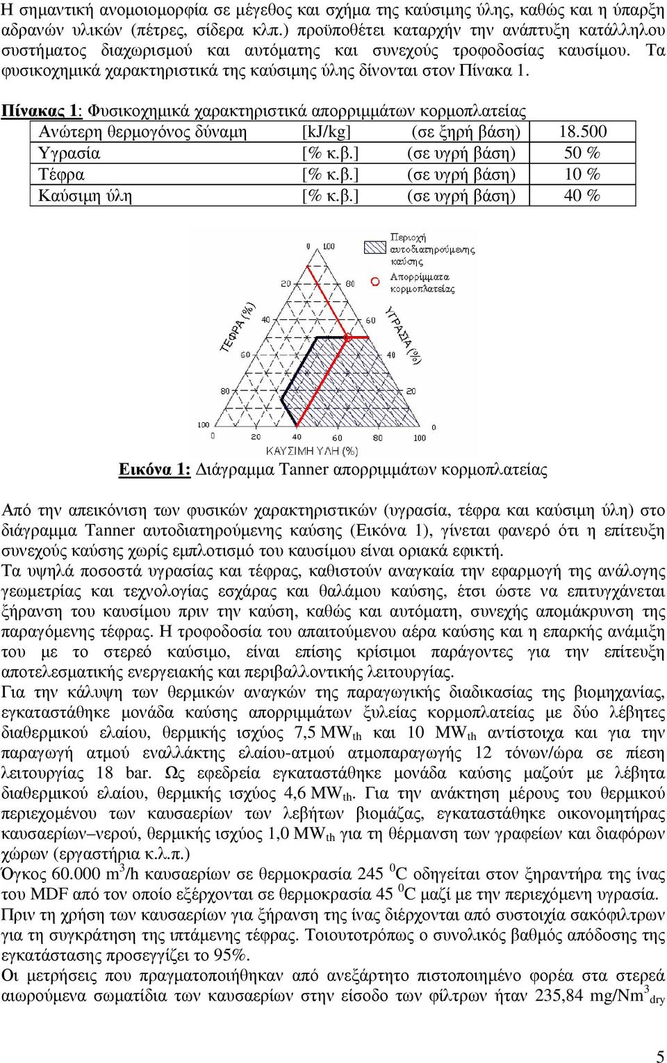 Πίνακας 1: Φυσικοχηµικά χαρακτηριστικά απορριµµάτων κορµοπλατείας Ανώτερη θερµογόνος δύναµη [kj/kg] (σε ξηρή βάση) 18.500 Υγρασία [% κ.β.] (σε υγρή βάση) 50 % Τέφρα [% κ.β.] (σε υγρή βάση) 10 % Καύσιµη ύλη [% κ.