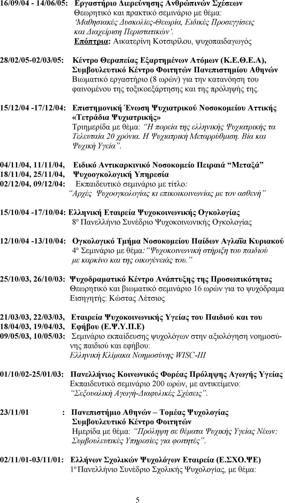 15/12/04-17/12/04: Επιστημονική Ένωση Ψυχιατρικού Νοσοκομείου Αττικής «Τετράδια Ψυχιατρικής» Τριημερίδα με θέμα: H πορεία της ελληνικής Ψυχιατρικής τα Τελευταία 20 χρόνια. Η Ψυχιατρική Μεταρρύθμιση.