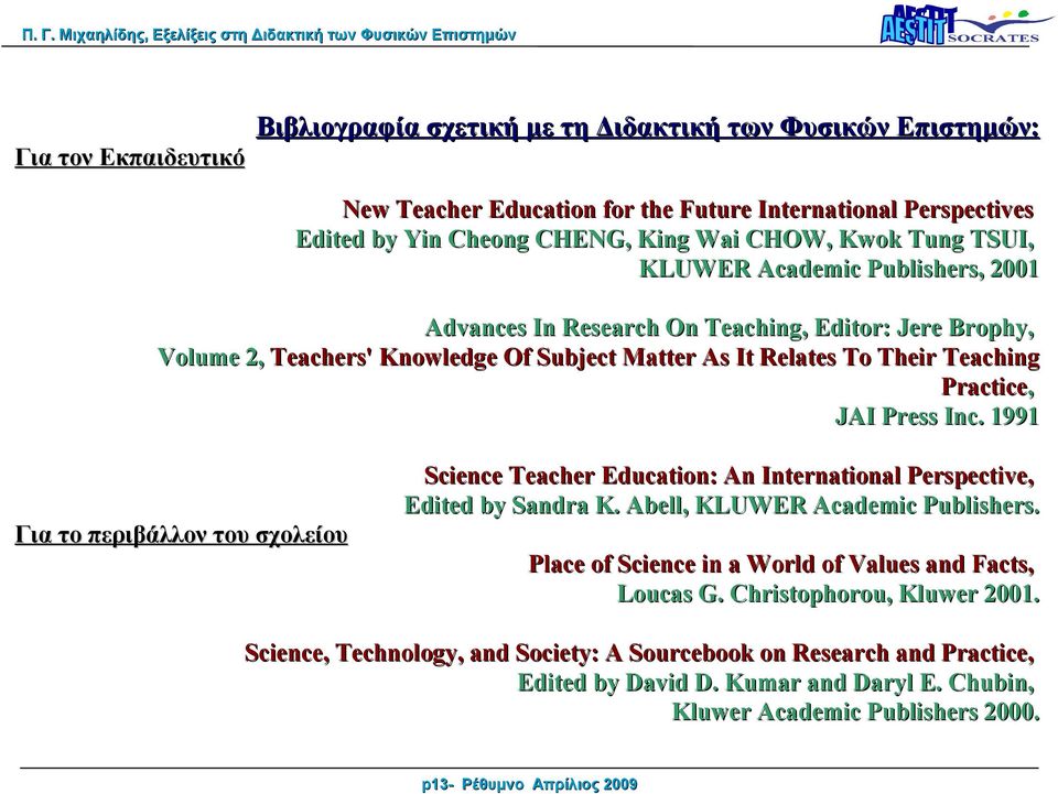 1991 Science Teacher Education: An International Perspective, Edited by Sandra K. Abell, KLUWER Academic Publishers.