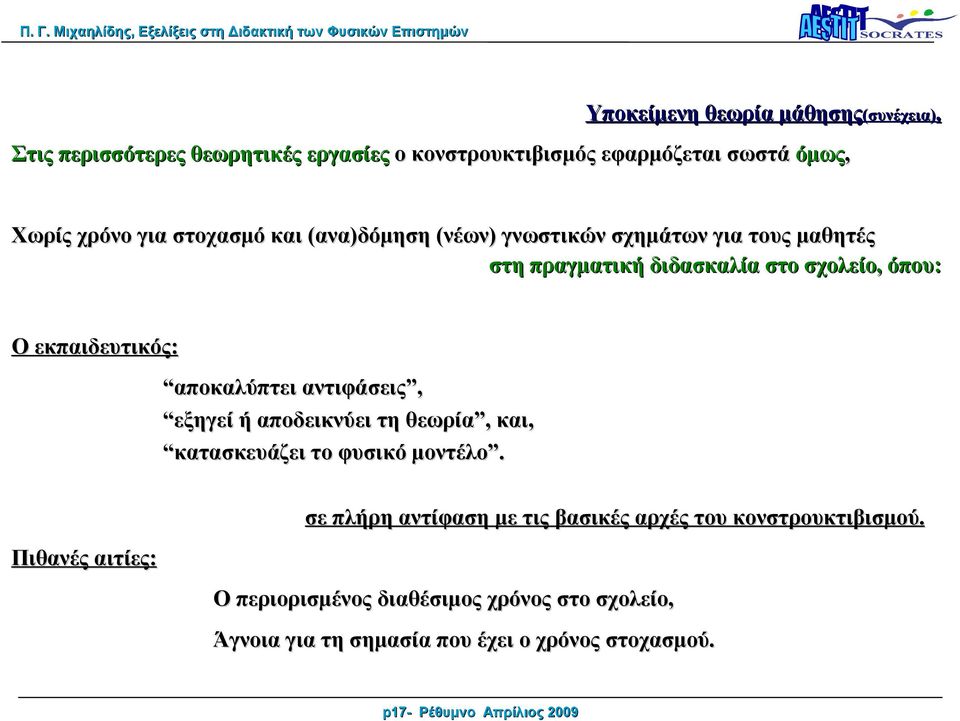 σχημάτων για τους μαθητές στη πραγματική διδασκαλία στο σχολείο, όπου: Ο εκπαιδευτικός: αποκαλύπτει αντιφάσεις, εξηγεί ή αποδεικνύει τη