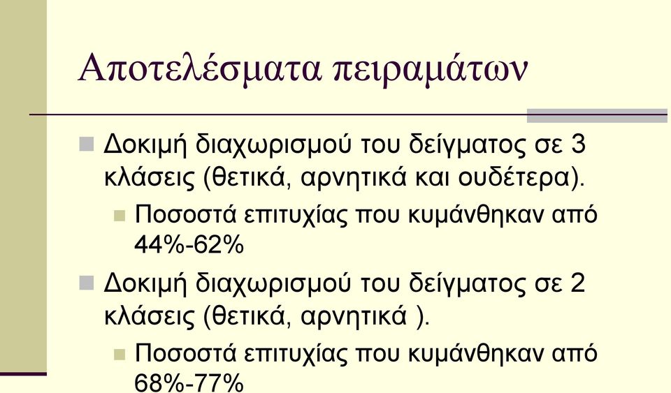 Ποσοστά επιτυχίας που κυμάνθηκαν από 44%-62% Δοκιμή διαχωρισμού