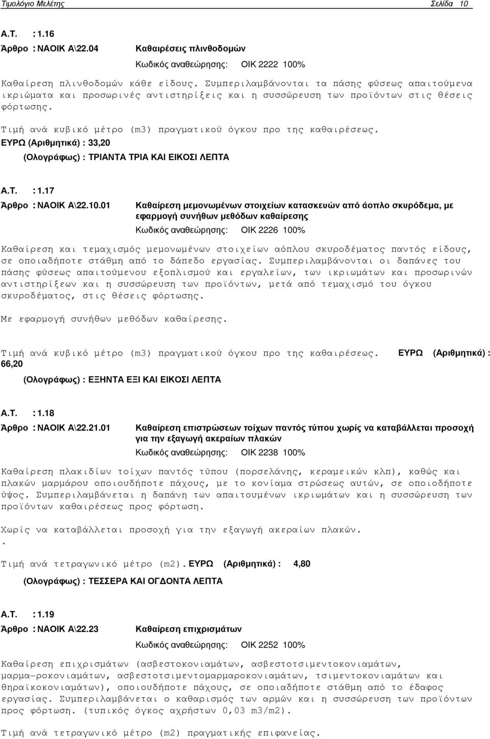Τιµή ανά κυβικό µέτρο (m3) πραγµατικού όγκου προ της καθαιρέσεως. ΕΥΡΩ (Αριθµητικά) : 33,20 (Ολογράφως) : ΤΡΙΑΝΤΑ ΤΡΙΑ ΚΑΙ ΕΙΚΟΣΙ ΛΕΠΤΑ Α.Τ. : 1.17 Άρθρο : ΝΑΟΙΚ Α\22.10.