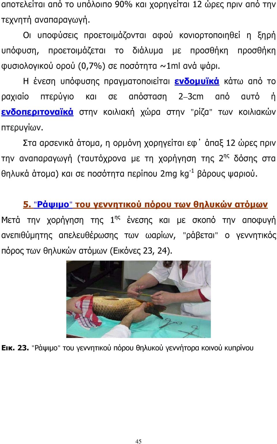 Η ένεση υπόφυσης πραγματοποιείται ενδομυϊκά κάτω από το ραχιαίο πτερύγιο και σε απόσταση 2 3cm από αυτό ή ενδοπεριτοναϊκά στην κοιλιακή χώρα στην "ρίζα" των κοιλιακών πτερυγίων.