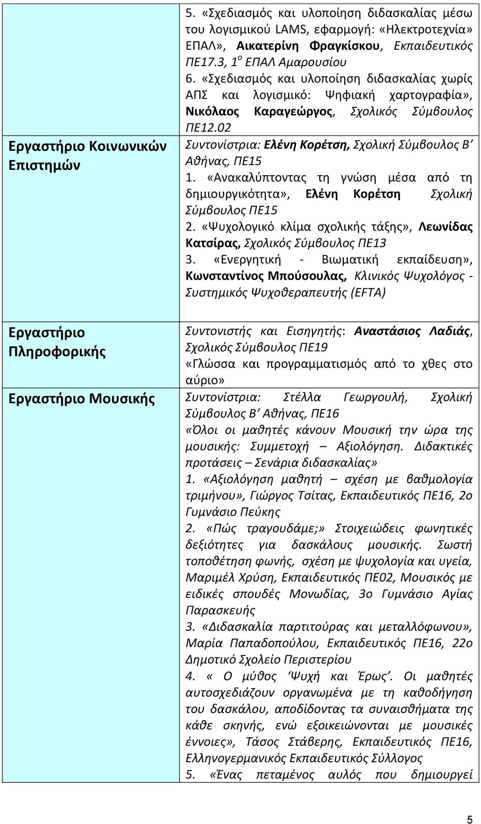 «Ανακαλύπτοντας τη γνώση μέσα από τη δημιουργικότητα», Ελένη Κορέτση Σχολική Σύμβουλος ΠΕ15 2. «Ψυχολογικό κλίμα σχολικής τάξης», Λεωνίδας Κατσίρας, Σχολικός Σύμβουλος ΠΕ13 3.