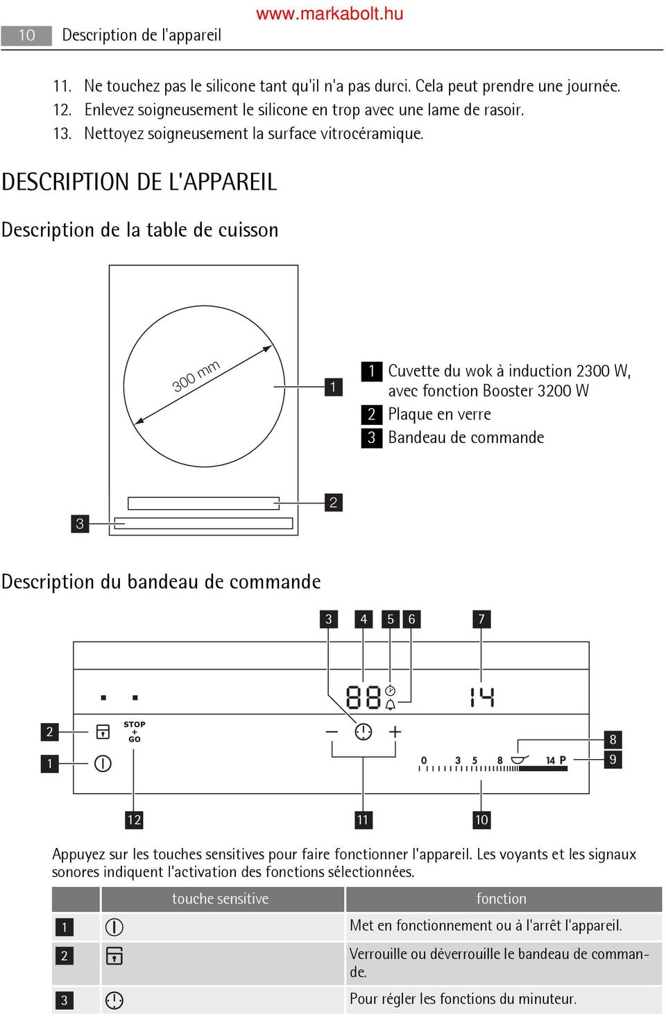 DESCRIPTION DE L'APPAREIL Description de la table de cuisson m 0m 30 1 Cuvette du wok à induction 2300 W, avec fonction Booster 3200 W 2 Plaque en verre 3 Bandeau de commande 1 2 3 Description du